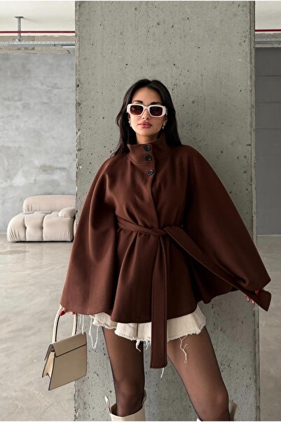 candybia Γυναικείο παλτό Poncho με λεπτομέρεια ζώνης, εισαγόμενο με κουμπιά καστανιάς, μοντέλο ψηλός λαιμός