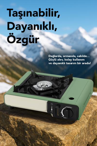 mimtec Portatif Kamp Ocağı - Taşıma Çantalı Gazlı Stop Emniyetli Yeşil Kamp Ocağı ve 4 Adet 227 gr Kartuş