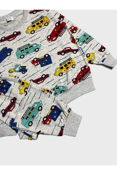 ALİŞ KİDS Boy's Cotton Fleece-Lined Gray Car Patterned Long Sleeve Winter Pajamas Set