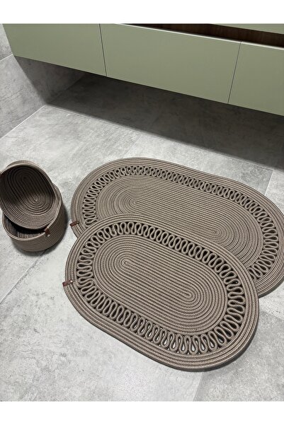 MaVaux Terra 4-Piece Bathroom Set – 2 Oval Mats & 2 Oval Baskets, Natural Rope Weaving, Handmade - Premium