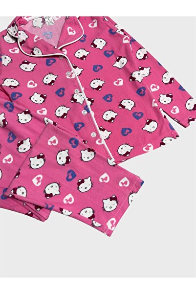 ALİŞ KİDS Σετ πιτζάμες για κορίτσια από βαμβακερό ύφασμα σουέτ ροζ με σχέδιο Hello Kitty με μακρυμάνικο πουκάμισο με κουμπιά στο γιακά