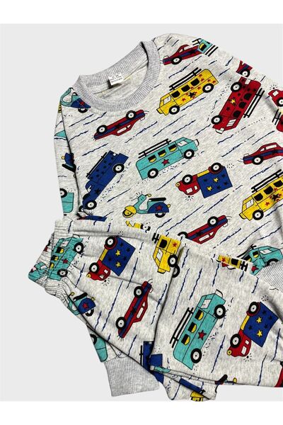 ALİŞ KİDS Boy's Cotton Fleece-Lined Gray Car Patterned Long Sleeve Winter Pajamas Set