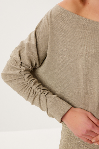 Lovelyİstanbul Glitter Shirred Knitted Blouse Pants Set Lzv0044 Beige