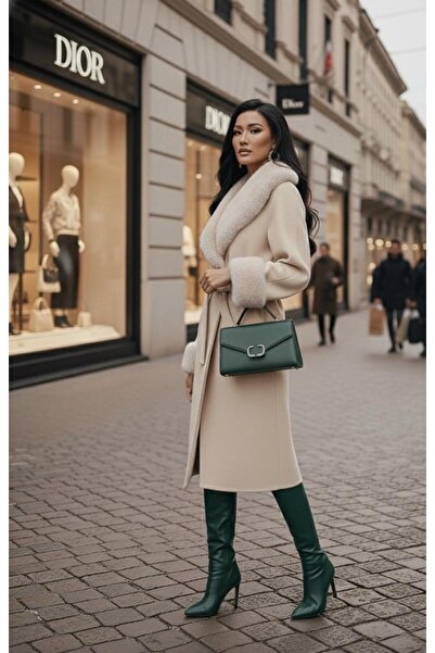 Butik Şenel Cashmere Coat with Fur Collar and Sleeves