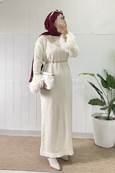 zhrcelebi Kolları Püsküllü Triko Elbise 07409 - KREM