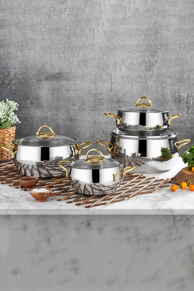 PoloChef Pro Line 18/10 Stainless Steel Deep Pot Set 8 Pieces Gold 18-20-22-2...