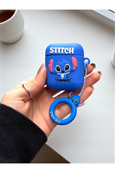 KVK PRİVACY AirPods 1 ve 2 Nesil Uyumlu Mavi Stitch 3d Kabartmalı Desenli Silikon Charmlı Kulaklık Kılıfı