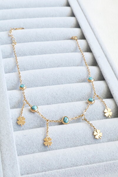 DEMOKAN خلخال نسائي من الفولاذ بحجر الفيروز على شكل ورقة البرسيم لا يفقد لونه