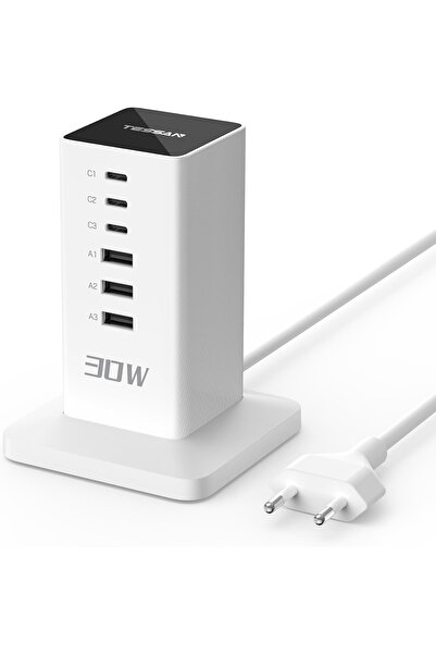 TESSAN TS-CS04 Power Strip Tower, 6 Outlets, 3 USB-A + 3 USB-C Ports, 30W, 2m Cable