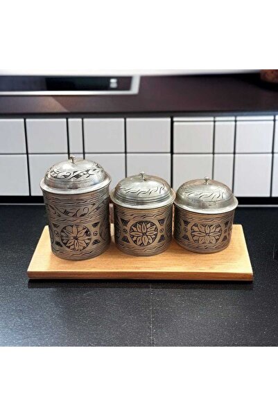 Bakır Center Copper Spice Jar 3-Piece Spice Jar Set Pewter Copper Carved Spice Jar Copper Storage Container