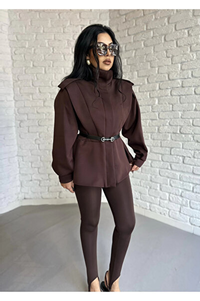 moneta boutique Women's Mock Neck Shoulder Pad Pack Black Belted Jacket