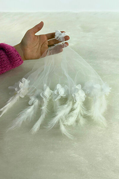 AZREN STORE Beyaz Gelin Damat Halay Mendili, Üç Boyutlu Lazer Çiçek Ve Tüy Sü...