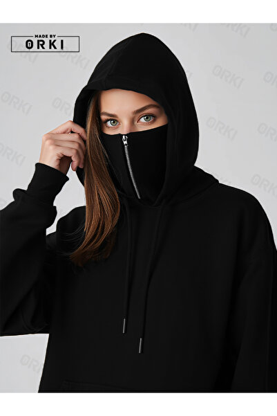 EFFRENATU سويت شيرت هوديي ماسكيد نينجا بلاك للجنسين مصنوع من 3 خيوط سميكة