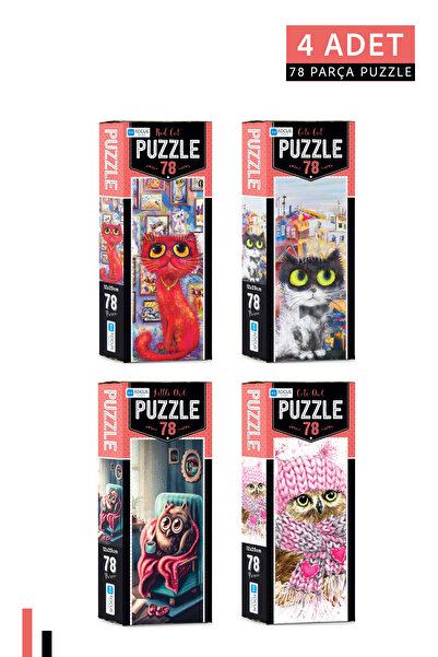 Blue Focus Games 4 ADET 78 Parça Puzzle-Red Cat ve Cute Cat ve Cute Owl ve Little Owl