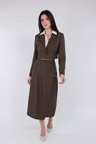 Klex Women's Plaid Patterned Belt Detailed Vest Skirt Jacket Set – Double-Bre...