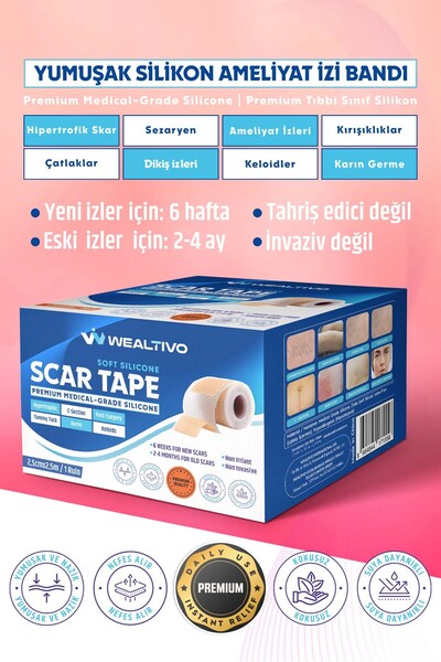 Wealtivo Skar Azaltıcı Soft Silikon Bant 2,5 m - Cerrahi/Sezaryen/Yanık/Akne/...