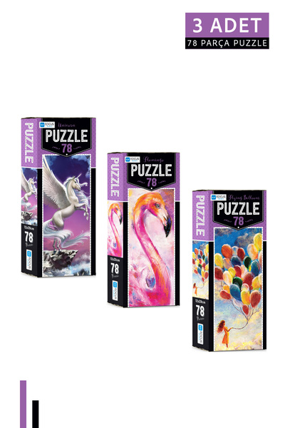 Blue Focus Games 3 ADET 78 Parça Puzzle-Unicorn ve Flamingo ve Flying Balloons