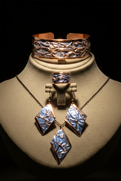 OSMANLI GÜMÜŞ Kadın Bakır Set - Aqua Lavanta Rüyası Kalın Model Bakır Kadın Kolye Bileklik Yüzük Küpe Set