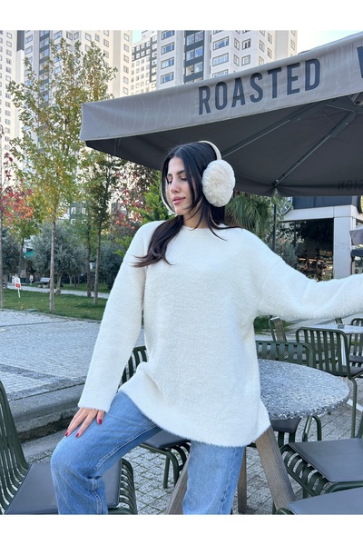 Puella Kzk0012 Women's White Beard Threaded Crew Neck O Oversized Knitwear Sweater