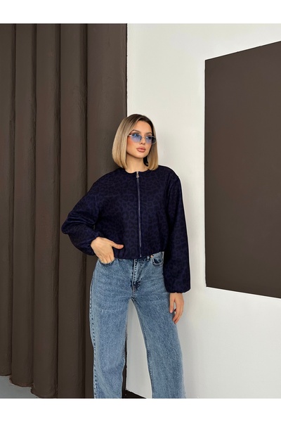 LE CARAMBOLE Women's Navy Blue Leopard Pattern Bomber Jacket