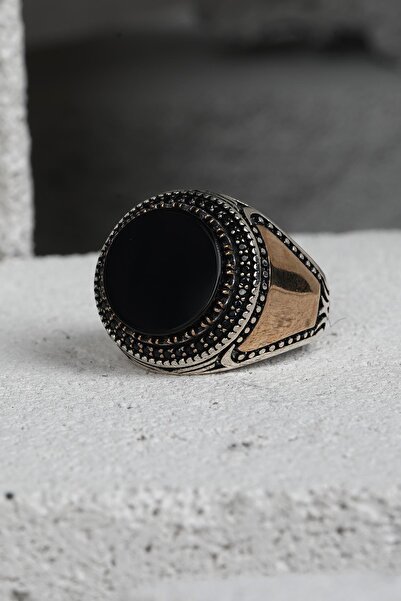 FRNCH 925 Ayar Gümüş Zirkon Taşlı Siyah-Altın Renkli Erkek Yüzük FRJ60093-193...