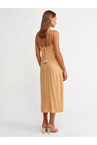 NEWCO Back and Front Cut-Out Midi Dress with Wooden Accessories
