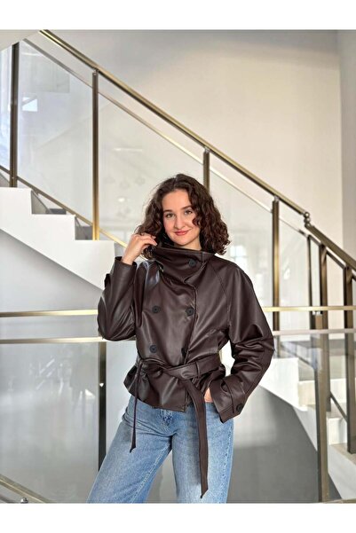 Sude Kızanlıklı Яке от висококачествена кожа с яка и колан