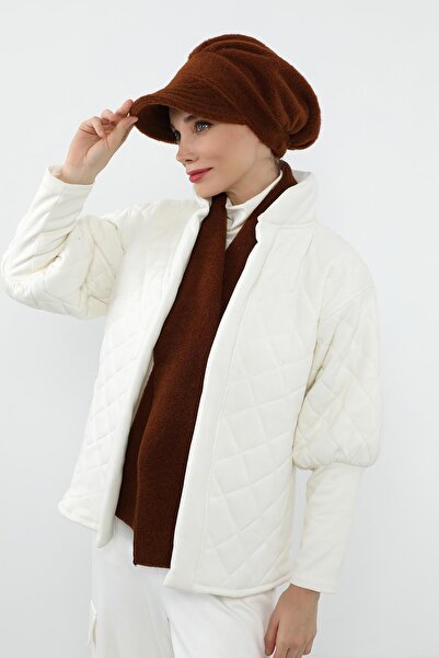 Aisha's Design Winter Plain Cashmere Visor Hat and Scarf Set, Bat-2Dk, Brown