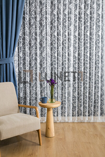 LUNETT HOME Ready to Use Vine Pattern Cream Color Sparse (1X2) Pleated Sewing Tulle Curtain