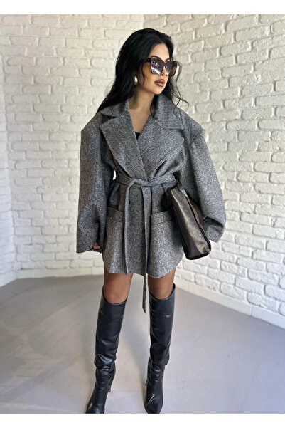 moneta boutique Women's Shoulder Pad Pack Herringbone Pattern Lined Coat