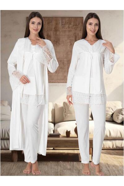Lohusa Homewear Women's Ecru Special Design Lace Long Sleeve Maternity Pajama Set 3-Piece Set