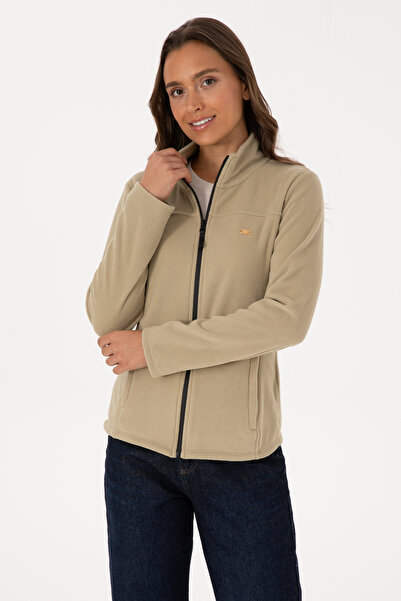 U.S. Polo Assn. Women's Light Khaki Zippered Mock Neck Fleece Sweatshirt 50316729-Vr183