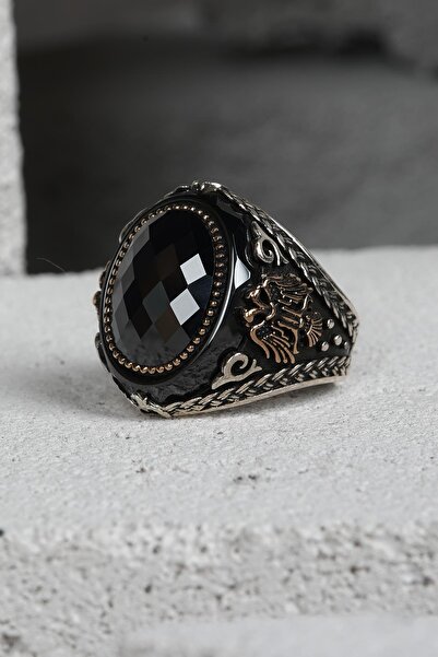 FRNCH 925 Ayar Gümüş Zirkon Taşlı Siyah-Altın Renkli Erkek Yüzük FRJ60093-193...