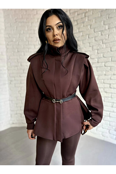 moneta boutique Women's Mock Neck Shoulder Pad Pack Black Belted Jacket