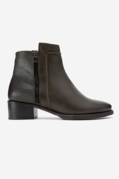 Ataköy Ayakkabı KADIN DERİ FERMUAR DETAYLI TOPUKLU BOT HAKI FLOTER