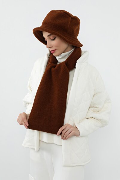 Aisha's Design Winter Plain Cashmere Bucket Hat and Scarf Set,Bat-1Dk,Brown