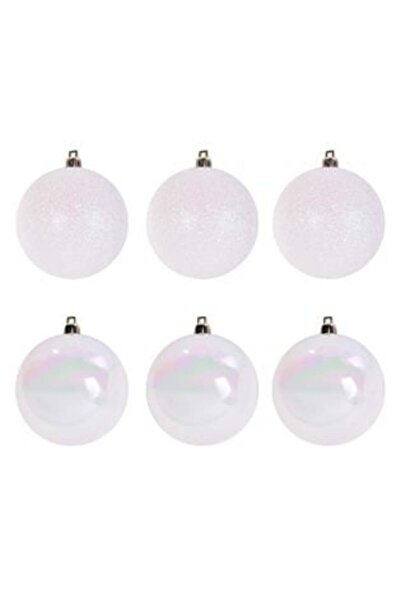 SHOPIENS Set of Shiny White Glitter Christmas Baubles Ø10 cm - 6 pcs
