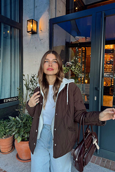 Sue Store Μπουφάν με κουκούλα με επένδυση από καφέ πικρό χρώμα