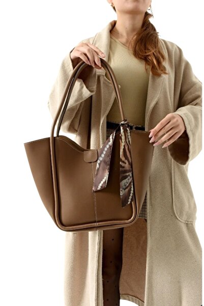 Eylül حقيبة كتف نسائية من فرو المنك الداكن مع حقيبة مكياج ووشاح