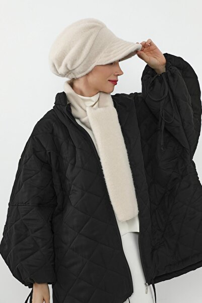 Aisha's Design Winter Plain Cashmere Visor Hat and Scarf Set, Bat-2Dk, Cream