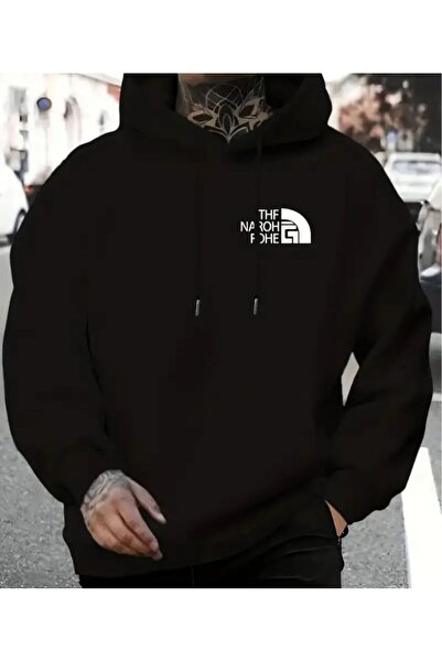 herkesemoda K Hooded Sweatshirt with Chest Print and Text Detail and Fleece Inside