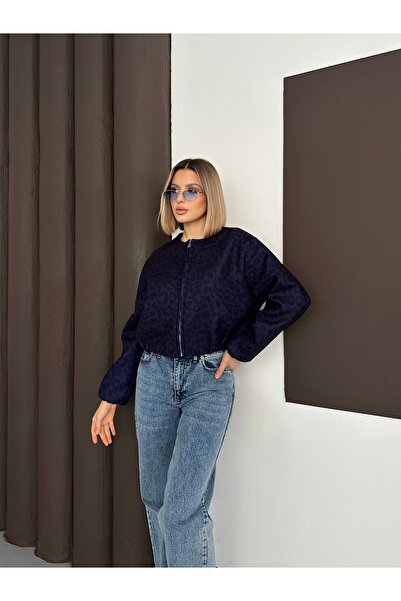 LE CARAMBOLE Жіноча синя куртка-бомбер з леопардовим принтом