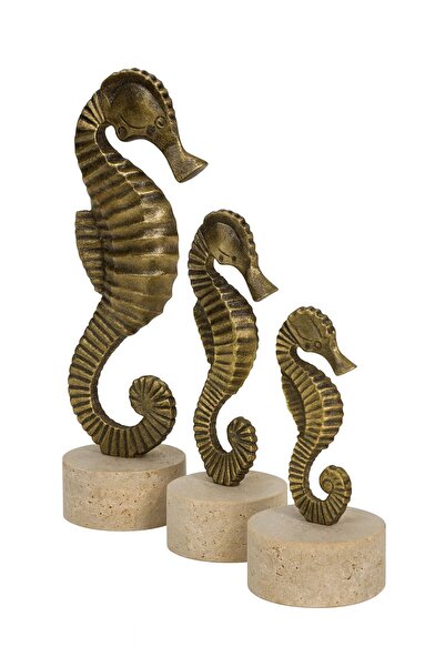 Modestmar Dekoratif 3'lü pirinç denizatı figürü seti traverten tabanlı biblo ...
