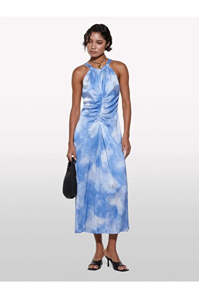 Sisley Women's Viscose Printed Gathered Front Satin Dress 325P4Udrlv07H-Sis76T