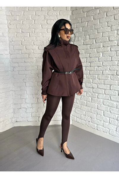 moneta boutique Women's Mock Neck Shoulder Pad Pack Black Belted Jacket