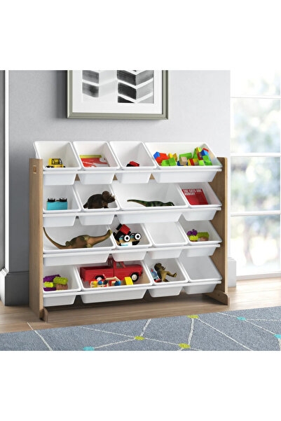 GINGER HOME White Wood Wooden Organizer for Toys and Books, with 16 Mesh Storage Boxes