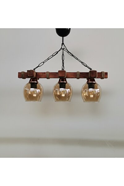 TurkuazRed Ahşap Camlı Rustik Avize 3Lü