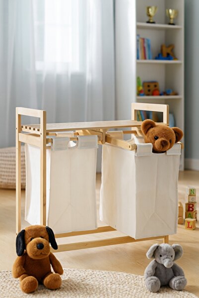 Selgot Shelf with Two Laundry or Toy Baskets, Bamboo, 64 x 33 x 73 cm