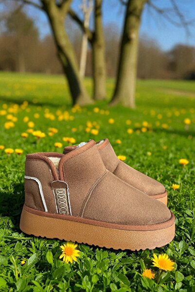 Altın Adım Kadın Anatomik Rahat Mini Süet Içi Kürklü Kalın Taban Kışlık Kadın Yarım Kuru Gün Ayakkabı -Taba