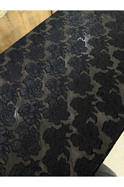 METERİAL Black Floral Patterned Embossed Lace Fabric 135 cm – Stylish Evening Dress Fabric with Mesh Base